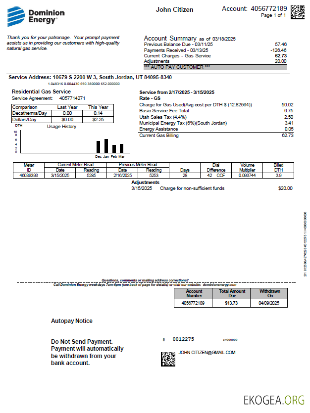 USA Dominion Energy utility bill template in Word and PDF formats, version 3